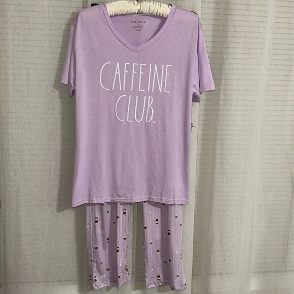 RAEβDUNN. M Lavender White CAFFEINE CLUB. V-Neck Short Sleeve Tee Pants PJ Set - Picture 1 of 13